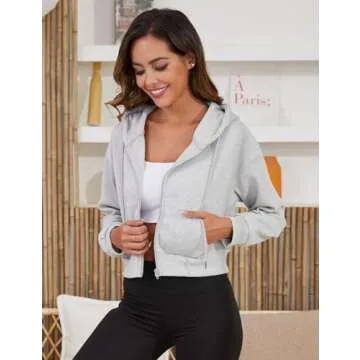 Yimoon Zip Up Hoodie Women Cropped Waffle Knit Vintage Sweatshirt Casual Jackets Long Sleeve Hooded with Pockets(Grey-M)
