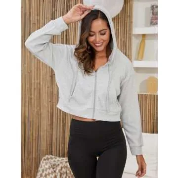 Yimoon Zip Up Hoodie Women Cropped Waffle Knit Vintage Sweatshirt Casual Jackets Long Sleeve Hooded with Pockets(Grey-M)