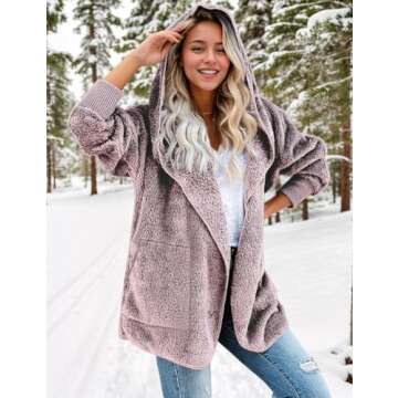 Zilcremo Women Hooded Cardigan Fuzzy Jacket Winter Open Front Fleece Coat Outwear with Pockets Purpl...