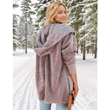 Zilcremo Women Hooded Cardigan Fuzzy Jacket Winter Open Front Fleece Coat Outwear with Pockets Purplish Brown M