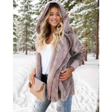Zilcremo Women Hooded Cardigan Fuzzy Jacket Winter Open Front Fleece Coat Outwear with Pockets Purplish Brown M
