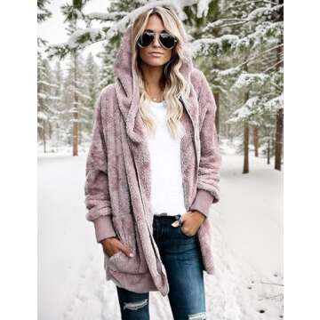 Zilcremo Women Hooded Cardigan Fuzzy Jacket Winter Open Front Fleece Coat Outwear with Pockets Purplish Brown M