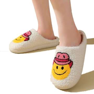Qobanu Cowgirl Slippers Fuzzy Happy Face for Women Men, Cute Preppy Fluffy House Slippers, Memory Foam Slippers for Indoor and Outdoor Plush funny slippers for women，（xlmaozi，40/41）