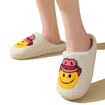 Qobanu Cowgirl Slippers Fuzzy Happy Face for Women Men, Cute Preppy Fluffy House Slippers, Memory Foam Slippers for Indoor and Outdoor Plush funny slippers for women，（xlmaozi，40/41）