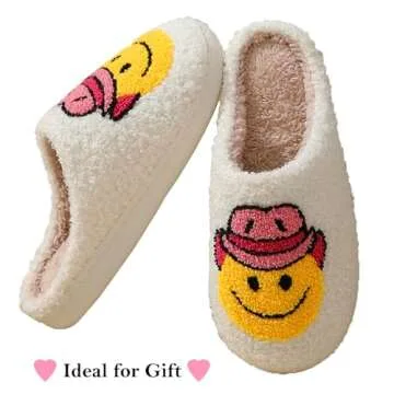 Qobanu Cowgirl Slippers Fuzzy Happy Face for Women Men, Cute Preppy Fluffy House Slippers, Memory Foam Slippers for Indoor and Outdoor Plush funny slippers for women，（xlmaozi，40/41）