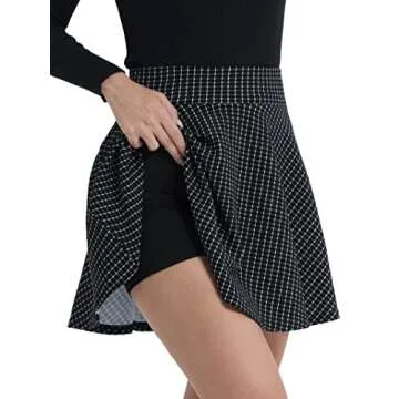 DJT Women's Basic Versatile Casual Stretchy Flared Pleated Mini Skater Skirt with Shorts Large Black Checked