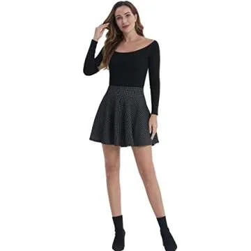 DJT Women's Basic Versatile Casual Stretchy Flared Pleated Mini Skater Skirt with Shorts Large Black Checked