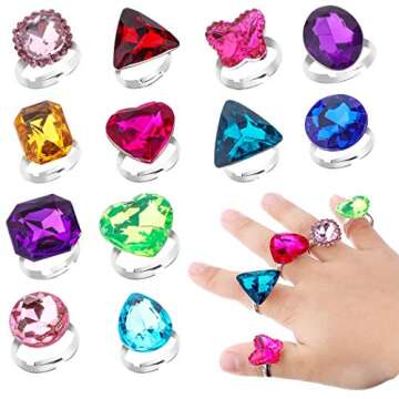 RICHNESS Adjustable Little Girl Jewel Rings Kids Gift Play Rings Multi Shapes Colorful Princess Pretend Jewel Rings Box Packed 12pcs …