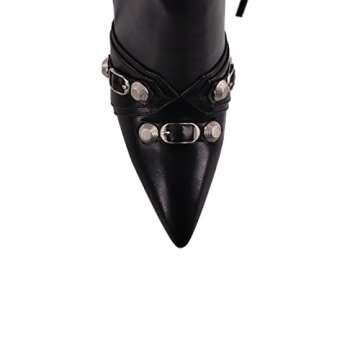 onlymaker Women's High Heel Knee High Boots With Zipper Metal Chains Fringe Stiletto Heel Pointed Toe Sexy Motorcycle Combat Bootie Black Size 8, Knee High Black