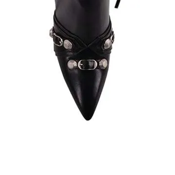 onlymaker Women's High Heel Knee High Boots With Zipper Metal Chains Fringe Stiletto Heel Pointed Toe Sexy Motorcycle Combat Bootie Black Size 8, Knee High Black