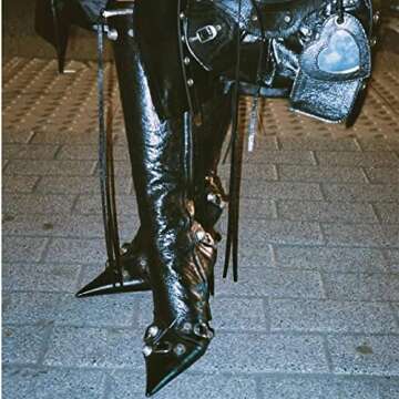 onlymaker Women's High Heel Knee High Boots With Zipper Metal Chains Fringe Stiletto Heel Pointed Toe Sexy Motorcycle Combat Bootie Black Size 8, Knee High Black