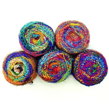 Revolution Fibers Recycled Sari Silk Yarn, Multi-Color Pure Silk Yarn, Made from Handspun Used Sari Fabric Ribbon Scraps, Rainbow Yarn for Knitting, Weaving & Crocheting 100 Grams per Ball (1-Ball)