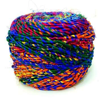 Revolution Fibers Recycled Sari Silk Yarn, Multi-Color Pure Silk Yarn, Made from Handspun Used Sari Fabric Ribbon Scraps, Rainbow Yarn for Knitting, Weaving & Crocheting 100 Grams per Ball (1-Ball)