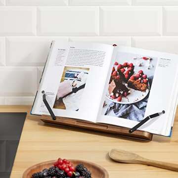 Navaris Wooden Book Stand - Hands-Free Reading Recipe Cookbook Tablet Holder with 2 Adjustable Metal Page Holders with Grips - Acacia Book Easel