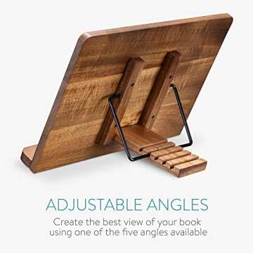 Navaris Wooden Book Stand - Hands-Free Reading Recipe Cookbook Tablet Holder with 2 Adjustable Metal Page Holders with Grips - Acacia Book Easel