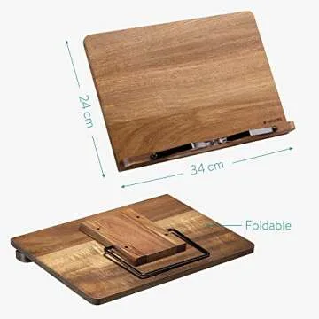 Navaris Wooden Book Stand - Hands-Free Reading Recipe Cookbook Tablet Holder with 2 Adjustable Metal Page Holders with Grips - Acacia Book Easel