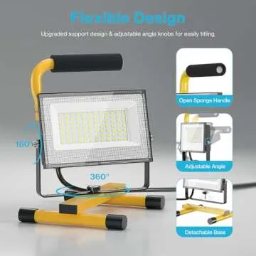 Olafus 60W LED Work Lights, 6000LM Portable Flood Light with Plug, 5000K Daylight, IP65 Waterproof Adjustable Job Site Lighting for Construction Site, Garage, Workshop, Jetty