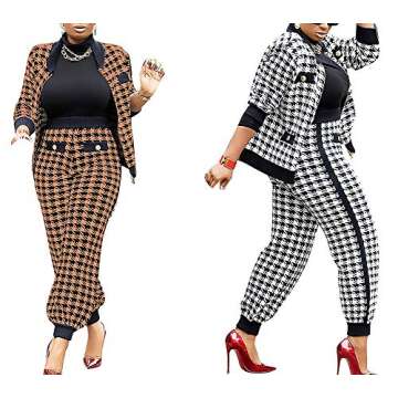 LKOUS Women Two Piece Office Business Suits Plaid Print Cardigan Jacket + Loose Casual Trousers Blazer Sets