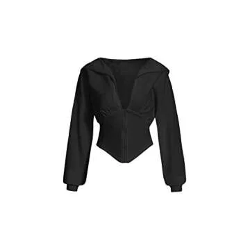 Verdusa Women's Zip Up Long Sleeve Asymmetrical Crop Hoodie Sweatshirt Lightweight Jacket Black S