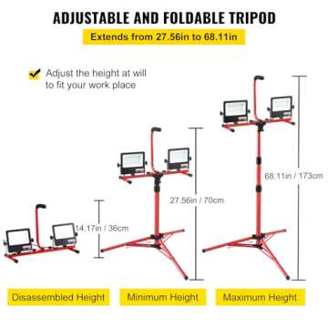VEVOR LED Work Light with Stand, 10000 Lumen Dual-head LED Work Light with 27.6"-68.1" Adjustable and Foldable Tripod Stand, IP65 Waterproofed LED Tripod Work Light, with 5000 Kelvin Color Temperature