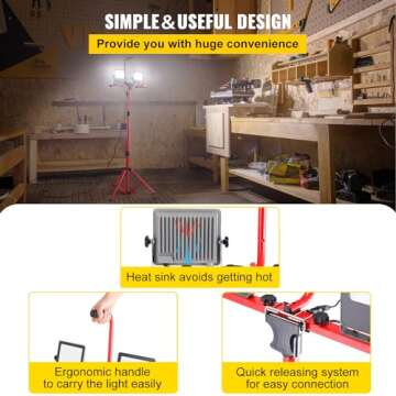 VEVOR LED Work Light with Stand, 10000 Lumen Dual-head LED Work Light with 27.6"-68.1" Adjustable and Foldable Tripod Stand, IP65 Waterproofed LED Tripod Work Light, with 5000 Kelvin Color Temperature