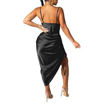 Ophestin Womens Sexy Spaghetti Strap Ruched High Slit Satin Midi Dress for Party Black L