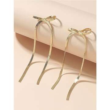 Stylish Gold Silver Bow Earrings with Tassel Chains for Women