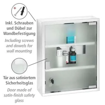 WENKO Medicine Cabinets with Lock, Wall Mounted Over The Toilet Storage Shelves, First Aid Bathroom Wall Cabinet with Safety Glass Door, Medium, 11.8 x 15.7 x 4.7 in, Silver Shiny