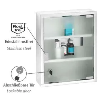 WENKO Medicine Cabinets with Lock, Wall Mounted Over The Toilet Storage Shelves, First Aid Bathroom Wall Cabinet with Safety Glass Door, Medium, 11.8 x 15.7 x 4.7 in, Silver Shiny