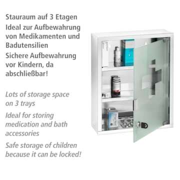 WENKO Medicine Cabinets with Lock, Wall Mounted Over The Toilet Storage Shelves, First Aid Bathroom Wall Cabinet with Safety Glass Door, Medium, 11.8 x 15.7 x 4.7 in, Silver Shiny