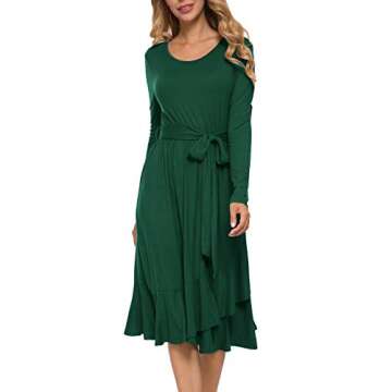 Womens Plain Fall Long Sleeve Modest Midi Work Casual Belt Dress Dark Green XL