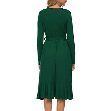 Womens Plain Fall Long Sleeve Modest Midi Work Casual Belt Dress Dark Green XL