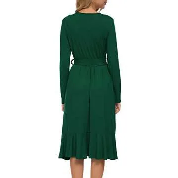 Womens Plain Fall Long Sleeve Modest Midi Work Casual Belt Dress Dark Green XL