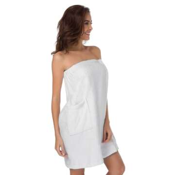 SIORO Bath Shower Wrap for Women, Terry Cloth Cotton Body Towel Wraps Spa Gym Pool Bath Towels Set with Adjustable Closure & Pockets,White Small