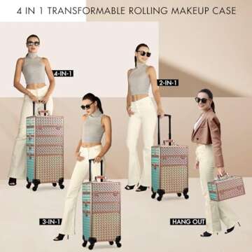 Stagiant Rolling Makeup Train Case Large Storage Cosmetic Trolley 4 in 1 Large Capacity Trolley Makeup Travel Case with Key Swivel Wheels Salon Barber Case Traveling Cart Trunk Shiny Rose Gold