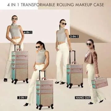 Stagiant Rolling Makeup Train Case Large Storage Cosmetic Trolley 4 in 1 Large Capacity Trolley Makeup Travel Case with Key Swivel Wheels Salon Barber Case Traveling Cart Trunk Shiny Rose Gold