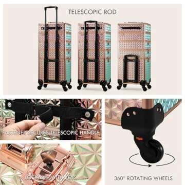Stagiant Rolling Makeup Train Case Large Storage Cosmetic Trolley 4 in 1 Large Capacity Trolley Makeup Travel Case with Key Swivel Wheels Salon Barber Case Traveling Cart Trunk Shiny Rose Gold