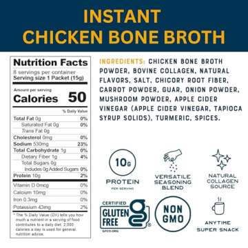 Bare Bones Chicken Bone Broth Instant Powdered Mix | Rich Savory Packets on-the-Go No Artificial Flavors | Keto & Paleo Friendly | 10g Protein | 8 Pack