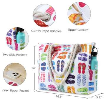Clothirily Beach Bag for Women - Large Beach Tote Bag, Waterproof Sandproof Beach Bag with Zipper, Large Swim Pool Beach Tote, Slippers