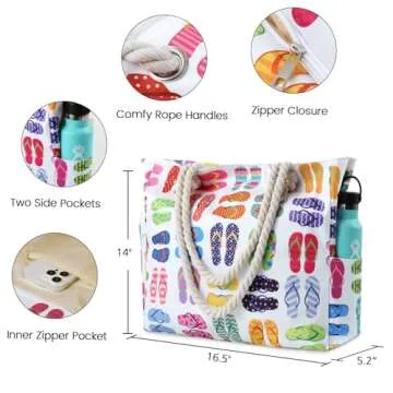 Clothirily Beach Bag for Women - Large Beach Tote Bag, Waterproof Sandproof Beach Bag with Zipper, Large Swim Pool Beach Tote, Slippers