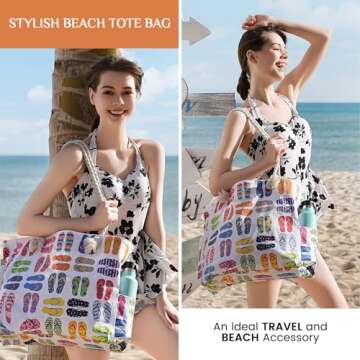 Clothirily Beach Bag for Women - Large Beach Tote Bag, Waterproof Sandproof Beach Bag with Zipper, Large Swim Pool Beach Tote, Slippers