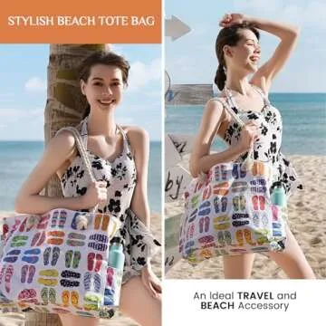 Clothirily Beach Bag for Women - Large Beach Tote Bag, Waterproof Sandproof Beach Bag with Zipper, Large Swim Pool Beach Tote, Slippers
