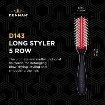 Denman Curly Hair Brush D143 - 5 Row Styling Mini Brush With Long Handle for Detangling, Separating,...