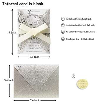 Fashmade 50Pcs Laser Cut Wedding Invitation With Glitter Envelopes And Ribbons Blank Personalized Ca...