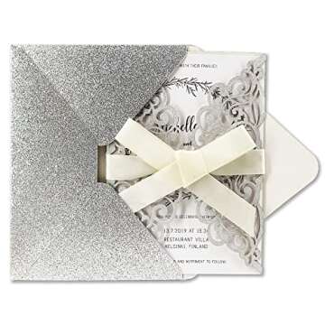 Fashmade 50Pcs Laser Cut Wedding Invitation With Glitter Envelopes And Ribbons Blank Personalized Card Invitaciones Para quinceañera Birthday Baby Shower Christmas Party Bridal Shower (Silver)
