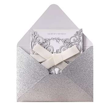 Fashmade 50Pcs Laser Cut Wedding Invitation With Glitter Envelopes And Ribbons Blank Personalized Card Invitaciones Para quinceañera Birthday Baby Shower Christmas Party Bridal Shower (Silver)
