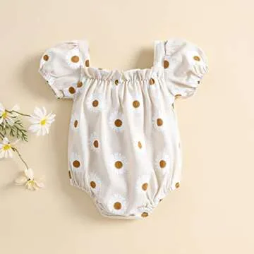 Newborn Baby Girl Romper Daisy Print Short Sleeve Bodysuit Jumpsuit Summer Clothes Beige