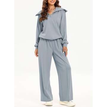 Aleumdr Two Piece Outfit Sweatsuit Wide Leg Sweatpant Lounge Matching Sets Fleece Womens Lounge Set Half Zip Sweatshirt Oversized Pullover Tracksuit 2024 Fall Travel Clothing Blue
