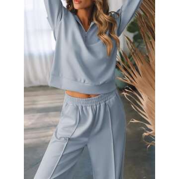 Aleumdr Two Piece Outfit Sweatsuit Wide Leg Sweatpant Lounge Matching Sets Fleece Womens Lounge Set Half Zip Sweatshirt Oversized Pullover Tracksuit 2024 Fall Travel Clothing Blue