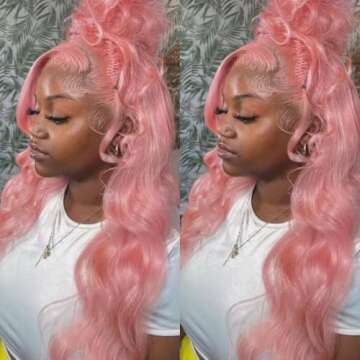 ANDRIA 13x4 HD Lace Front Wigs 28 Inches Pink Body Wave Long Glueless Lace Frontal Wigs Pre-plucked ...